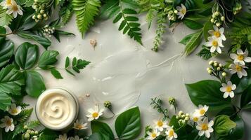 vaso di crema circondato di verde le foglie e fiori foto