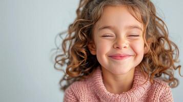 poco ragazza con Riccio capelli sorridente a il telecamera foto