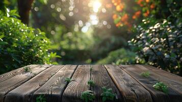 di legno tavolo con luce del sole attraverso alberi foto