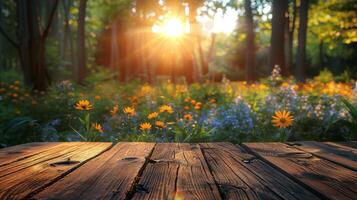 di legno tavolo con luce del sole attraverso alberi foto