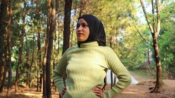 musulmano donna mano su fianchi indossare hijab testa sciarpa nel pino foresta. moderno donna nel estate soleggiato parco foto