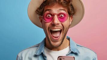 uomo indossare rosa cappello e bicchieri Tenere cellula Telefono foto