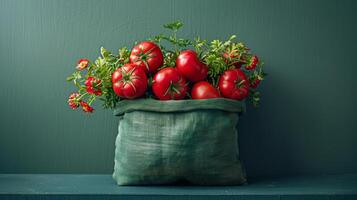 verde Borsa pieno con pomodori su tavolo foto