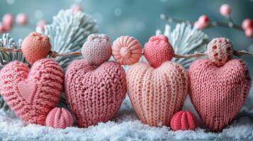 tre a maglia cuori su mucchio di neve foto