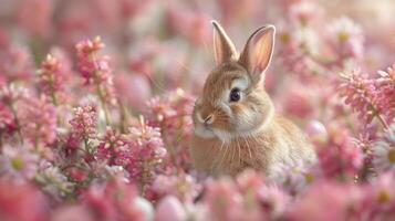 coniglio seduta nel campo di rosa fiori foto