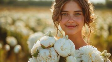 donna nel nozze vestito Tenere mazzo di fiori foto