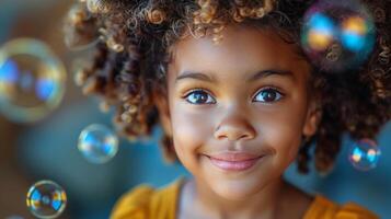 poco ragazza con trecce e bolle nel sua capelli foto