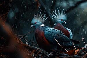 un' coppia di Vittoria incoronato Piccione in piedi nel piccolo radice nel pioggia autunno foto