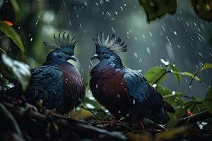 un' coppia di Vittoria incoronato Piccione in piedi nel piccolo radice nel pioggia autunno foto