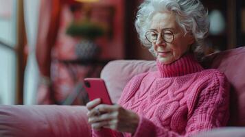 più vecchio donna seduta su divano guardare a cellula Telefono foto