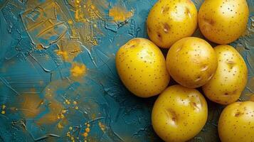 giallo patate su blu tavolo foto