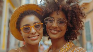 Due donne indossare giallo bicchieri e Marrone cappello foto