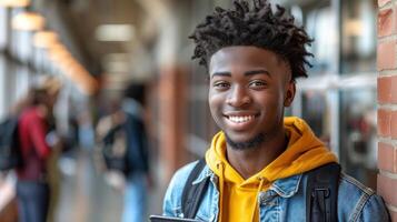 sorridente uomo con dreadlocks nel giallo felpa con cappuccio foto