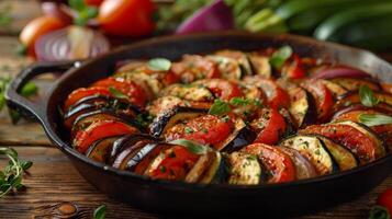 un' getto ferro tegame pieno con appena al forno Ratatouille foto