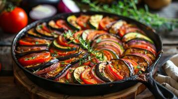 un' getto ferro tegame pieno con appena al forno Ratatouille foto