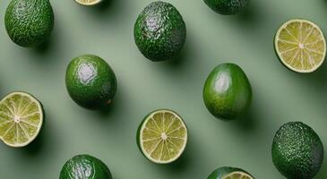 appena affettato avocado con basilico le foglie su un' verde sfondo foto