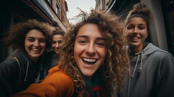 ai generato gruppo di giovane persone assunzione un' autoscatto con un' angolo ampio lente su un' città strada, sorridente facce, avvicinamento. foto