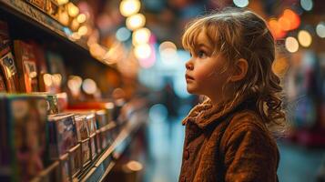 ai generato giovane bambino nel soggezione guardare a libri nel un' memorizzare con magico bokeh luci. infanzia curiosità e apprendimento concetto per design e Stampa. foto