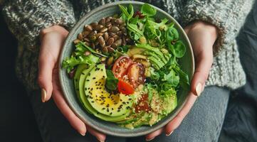 persona Tenere un' ciotola di avocado insalata con sesamo semi foto