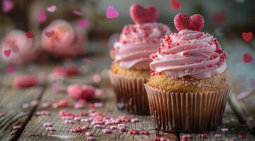 Due rosa san valentino giorno cupcakes decorato con spruzzatori e cuori su un' di legno tavolo foto