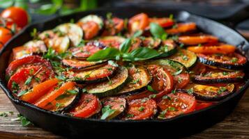 arrostito pomodoro, zucchine, e melanzana casseruola nel un' getto ferro tegame foto