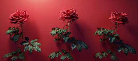 tre rosso Rose su un' rosso parete con verde le foglie foto