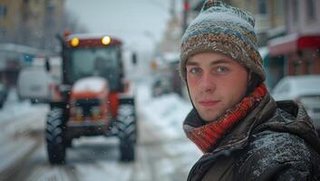 uomo in piedi nel davanti di trattore nel neve foto