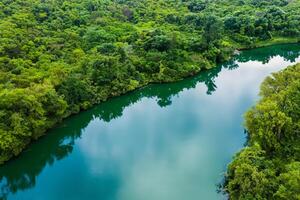 mozzafiato paesaggio un' bellissimo fiume venti attraverso affascinante aria e lussureggiante alberi, offerta un' sereno e pittoresco fuga in della natura tranquillo e verdeggiante abbraccio foto