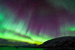 bellissimo aurora della natura abbagliante leggero mostrare vernici il notte cielo con magnifico colori, avvincente spettatori In tutto il mondo nel soggezione foto