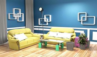 divano giallo sulla parete blu interni moderni .3d rendering foto