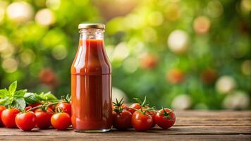 pomodoro salsa nel un' bottiglia su un' di legno tavolo con pomodori su il sfondo foto