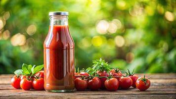 pomodoro salsa nel un' bicchiere bottiglia su un' di legno tavolo foto