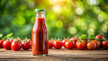 un' bottiglia di pomodoro salsa su un' di legno tavolo foto