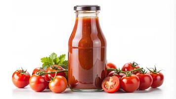 pomodoro salsa nel un' bottiglia con pomodori in giro esso foto