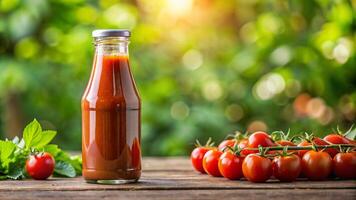 pomodoro salsa nel un' bottiglia su un' di legno tavolo foto