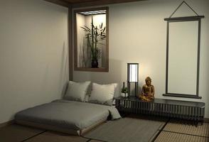 camera da letto moderna e tranquilla. camera da letto in stile zen e decorazione in stile giapponese, camera da letto in stile giapponese. Rendering 3d