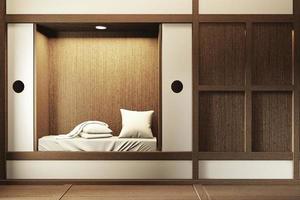 camera da letto moderna zen tranquilla. camera da letto in stile giapponese con mensola a parete design luce nascosta e decorazione in stile giapponese.rendering 3d foto