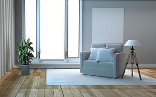 soggiorno con divano con cuscini, lampada con fiori su sfondo bianco muro, rendering 3d foto