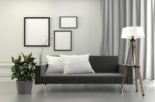 interno del soggiorno - lampada con cornice e cuscini per divani, piante in legno su sfondo a parete. rendering 3d foto