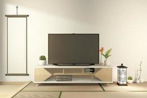 mobile tv in camera tropicale vuota giapponese - stile zen, design minimal. rendering 3d foto