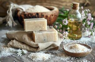 di legno ciotola di sapone e mare sale foto