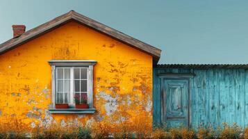 giallo Casa con blu porta e finestra foto