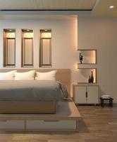 camera da letto moderna zen tranquilla. camera da letto in stile giapponese con mensola a parete design luce nascosta e decorazione in stile giapponese.rendering 3d foto