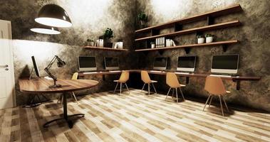 ufficio studio stile loft interior design muro di cemento grigio lucido su piastrelle di legno.3d rendering foto