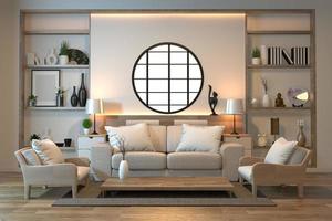 minimal interior design camera in stile zen con divano, poltrona, tavolino basso e decorazione design in stile giapponese luce nascosta nella parete dello scaffale. Rendering 3d foto