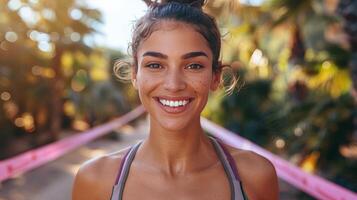 sorridente donna nel rosa serbatoio superiore foto