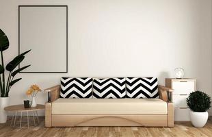 soggiorno moderno zen con divano, cornice, pavimento in legno e parete bianca in stile zen. Rendering 3d
