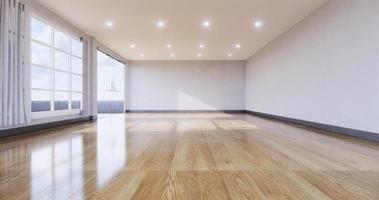 interno vuoto della stanza con il pavimento di legno sul fondo bianco della parete. rendering 3d foto