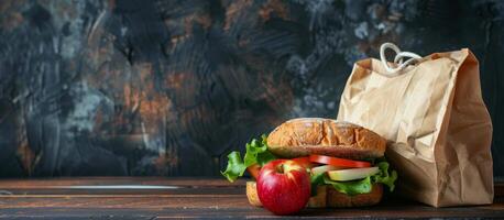 carta Borsa con un' Sandwich e un Mela foto