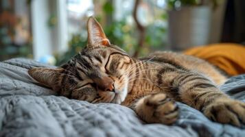 gatto addormentato su letto con occhi chiuso foto